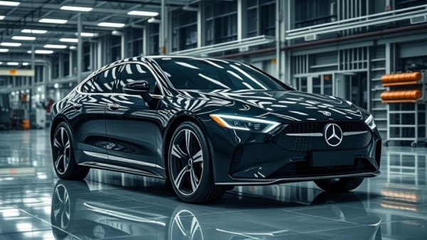 Modern Mercedes EV in factory highlights savings targets and challenges.