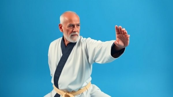Martial artist performing a stance in traditional attire.