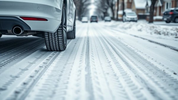 Car tire tracks in snow, residential snow removal, Muskegon