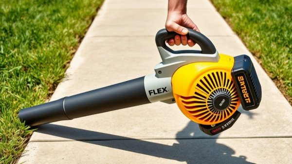 Flex 24V battery-powered blower in use on concrete path.
