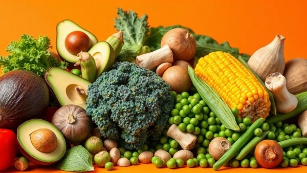 High-protein vegetables for seniors including avocado, corn, kale.