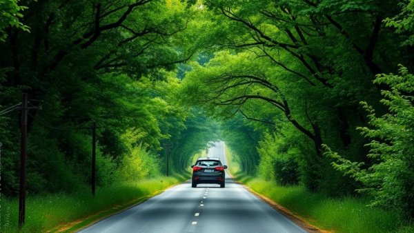 Quiet country road near Greeba Castle with dense trees.