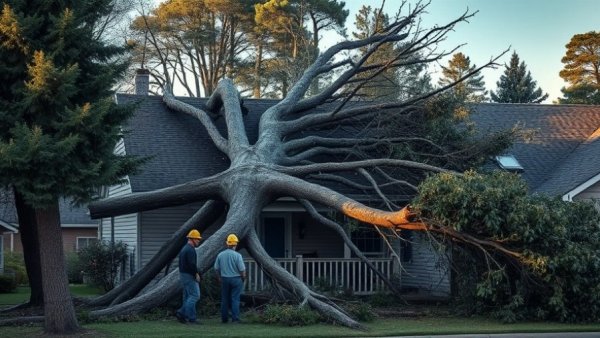 Windstorm damage: fallen tree on house with workers