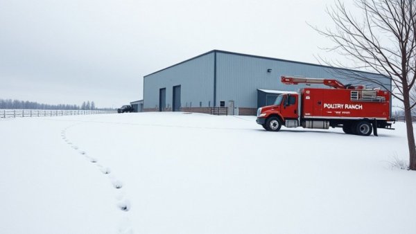 Michigan egg processing plant in snowy landscape with red truck.