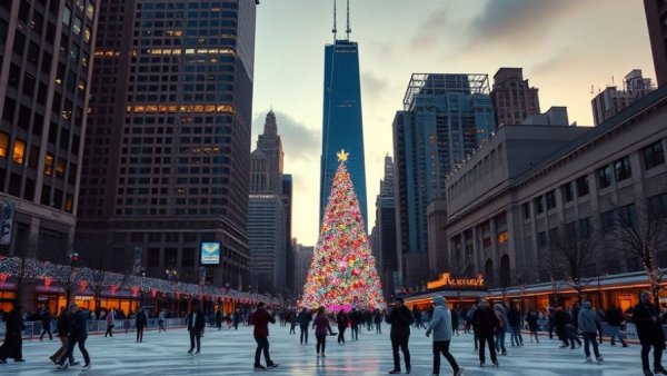 Chicago holiday travel guide: Ice skaters under festive city lights.
