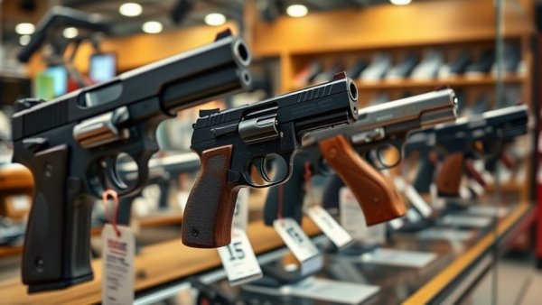 Handguns displayed in a store case with tags, Michigan red flag law repeal context.