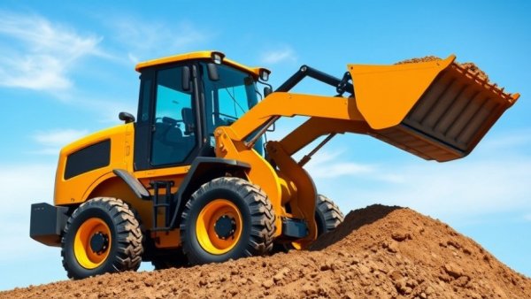 Compact wheel loader operating on a dirt mound under blue sky.
