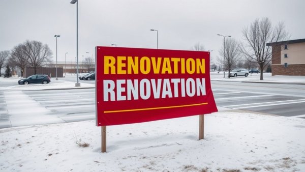 Zingerman’s Roadhouse renovations sign in snowy lot.