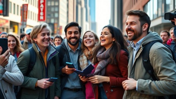 Group photo of broadcasters smiling on an outdoor set.