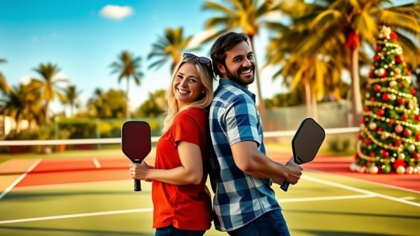 Festive pickleball scene with smiling pair, Christmas tree, palm trees.