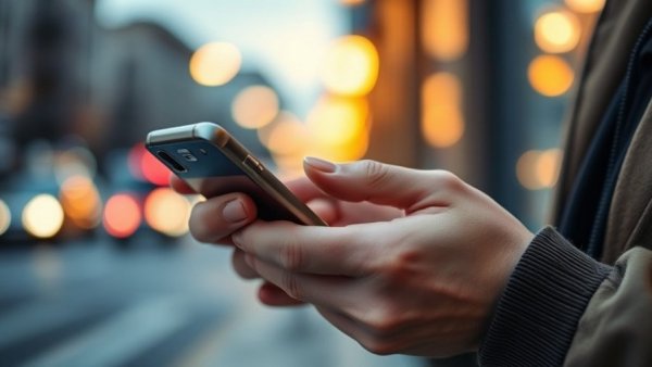 Close-up of hands using smartphone in dimly lit urban setting, highlighting screen addiction strategies.