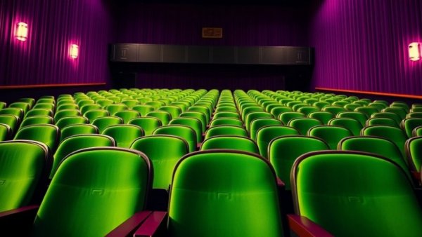 Vibrant green theater seats in a vividly colored cinema room.