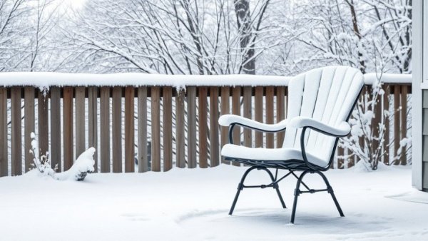Snow impact on lawn care: snow-covered patio chair
