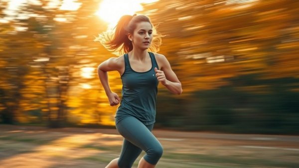 Female runner sprinting energetically in sunlight, dynamic motion, autumn trees, sprinting intervals clean up cells.