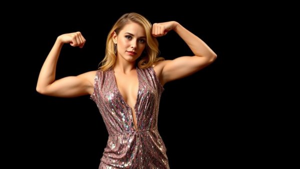 Person in a sequin outfit confidently flexing on stage.