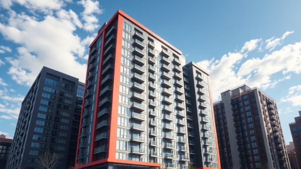 Ann Arbor high-rise student housing construction with red and gray facade.