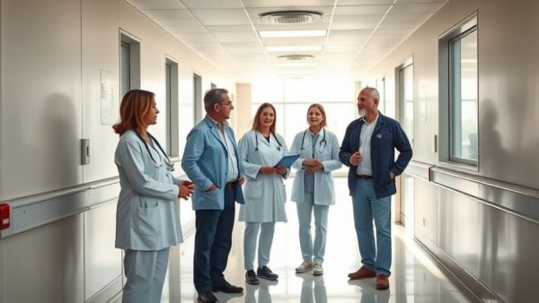 Healthcare team discussing in a bright hospital corridor, reflecting healthcare premiums rise in Michigan.