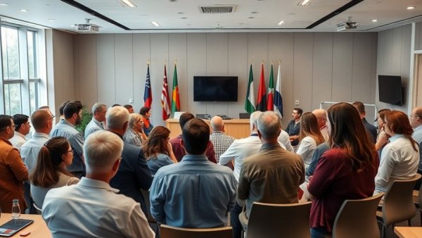 Michigan medical care services meeting in a bright room with flags and tables.