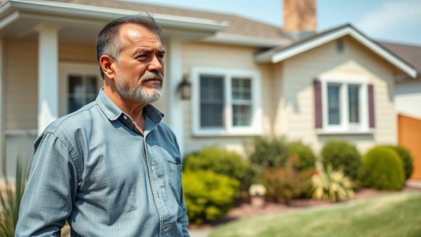 Middle-aged man stands outside suburban home tackling financial exploitation in real estate.