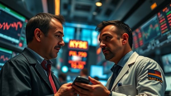Two traders in a busy stock exchange analyzing data. AI stocks rally on Wall Street.