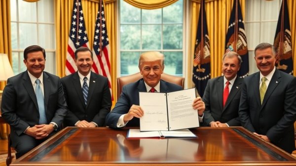 President showcasing signed document on AI policy, Oval Office