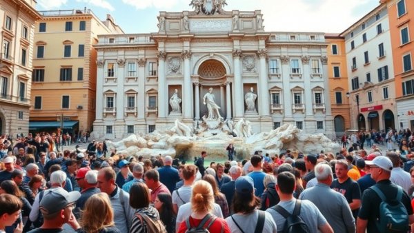Tourists at the Trevi Fountain discussing tourist fee.