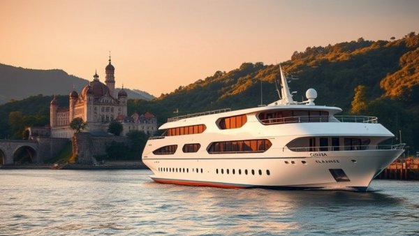 Luxurious cruise ship on river at sunset with castle in background.