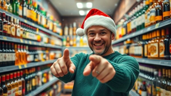 Cheerful man in Santa hat during Michigan Christmas beer run.