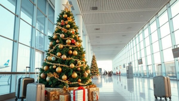 Airport Christmas scene with tree and luggage, Michigan holiday travel tips.