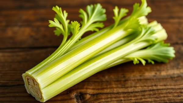 Fresh celery on rustic wood related to history of celery in Kalamazoo.