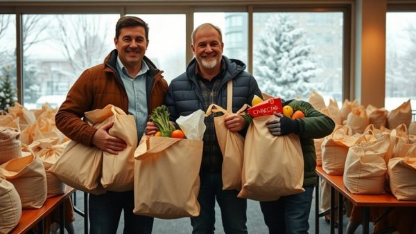 Lil Mo's Food Pantry Food Drive: Volunteers with filled grocery bags indoors.