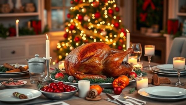 Festive table setting with turkey and Christmas tree, showcasing holiday food safety tips.