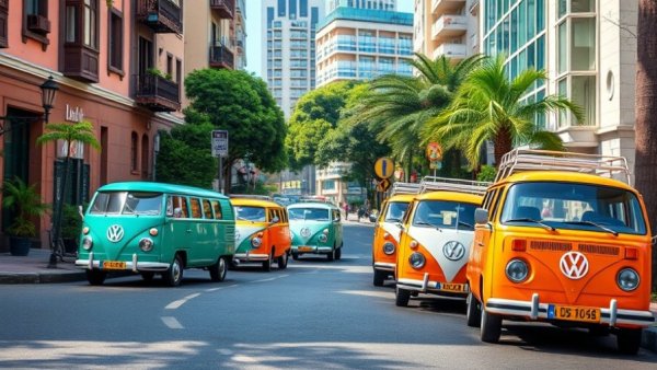 Volkswagen ID Buzz vans on winding street in urban setting.
