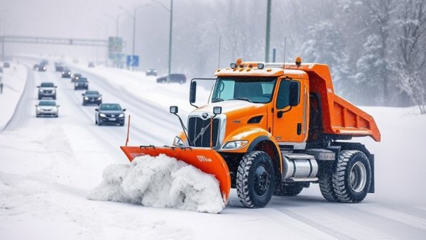 Snow removal services Muskegon with a snow plow truck on highway.