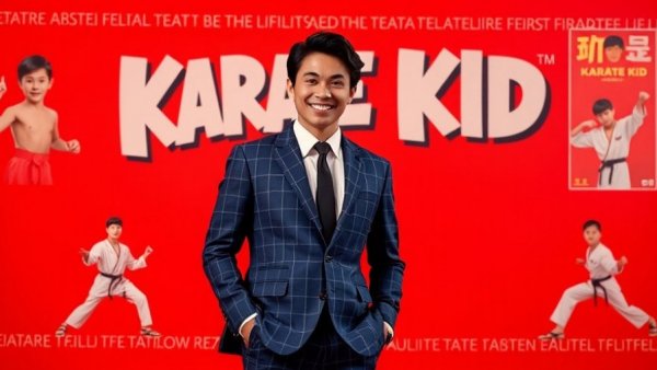Smiling person in blue suit at Karate Kid event backdrop.