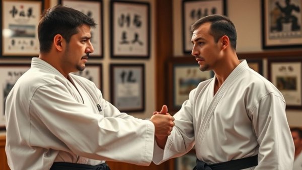 Karate instructor awards student in Gurnee dojo.