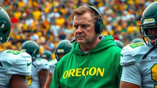 Coach directing Oregon team in college football playoff, strategic focus.