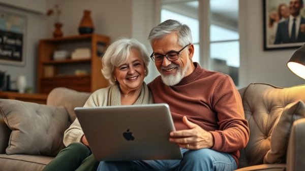 Senior couple exploring Delta Airlines senior discounts on laptop.