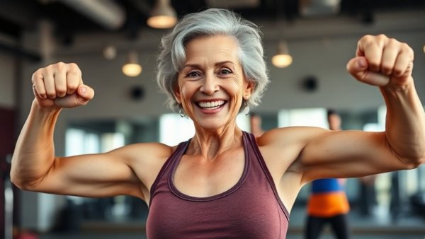 Energetic older woman demonstrating fitness activities, fitness guidance for retirees Muskegon.