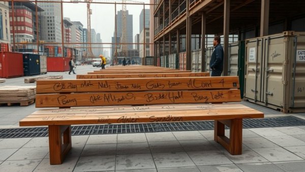 Detroit urban equestrian center construction site with signed wooden benches.