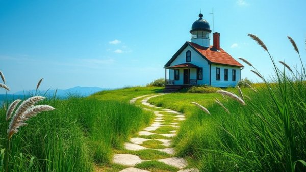 Charming Maine lighthouse with a house on lush greenery and tall grass, best places to live in Maine.