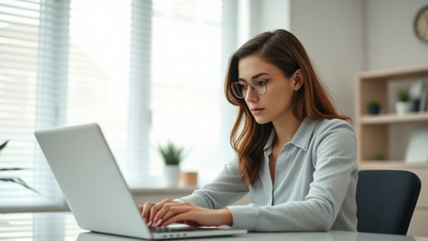Calm young woman using laptop in bright office, lifetime subscription for AI tools.