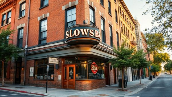 Slows Bar BQ Berkley corner building on sunny street.