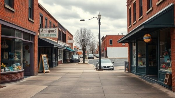 Boulder County power outages cause quiet streets with empty sidewalks, antique shop visible.