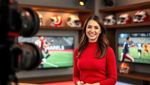Woman hosting sports segment in a studio with sports memorabilia.