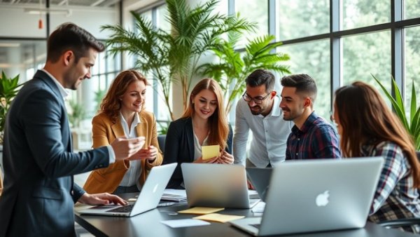 AI Adoption Sparks Innovation and Creativity: Professionals collaborate in a modern workspace, enhancing creativity.