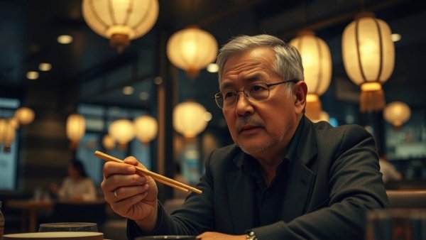 Thoughtful middle-aged man in restaurant with chopsticks, hint at Karate Kid franchise future.