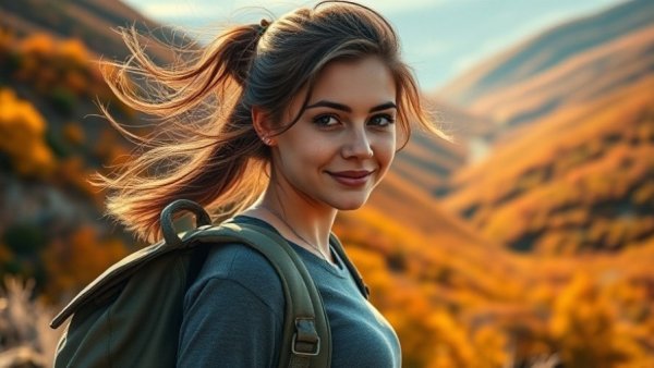 Woman enjoying rucking in scenic autumn hills, rucking vs power walking benefits.
