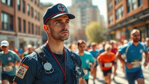 Dynamic marathon scene with dedicated medic observing runners.