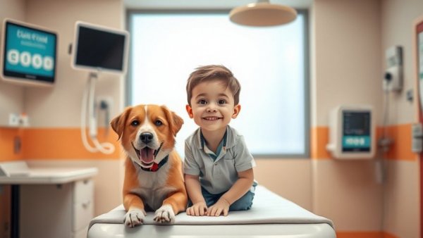 Child and therapy dog in hospital discussing Michigan children's vaccine recommendations.
